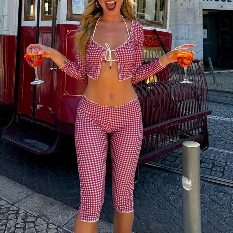 Red Gingham Crop Top & Capris Pant Set