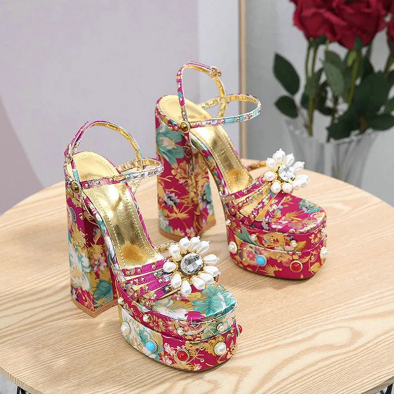 Pearl Rhinestone Floral Platform Heels