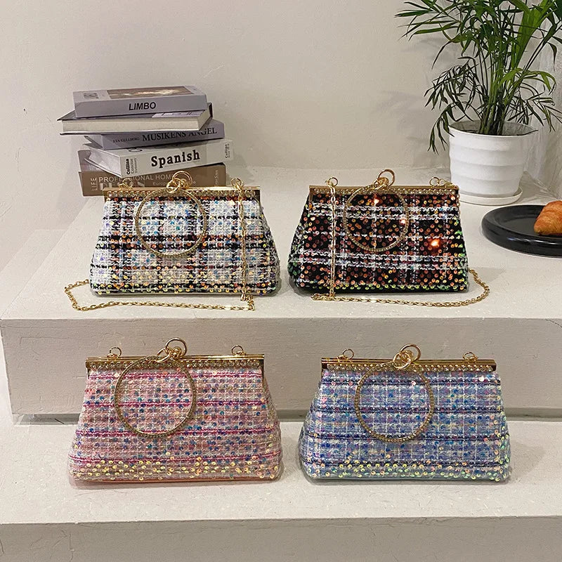 Plaid Tweed Sequins Clutch Purse