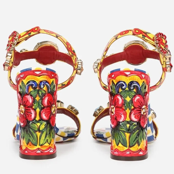 Floral Painting Heel Gem Sandals