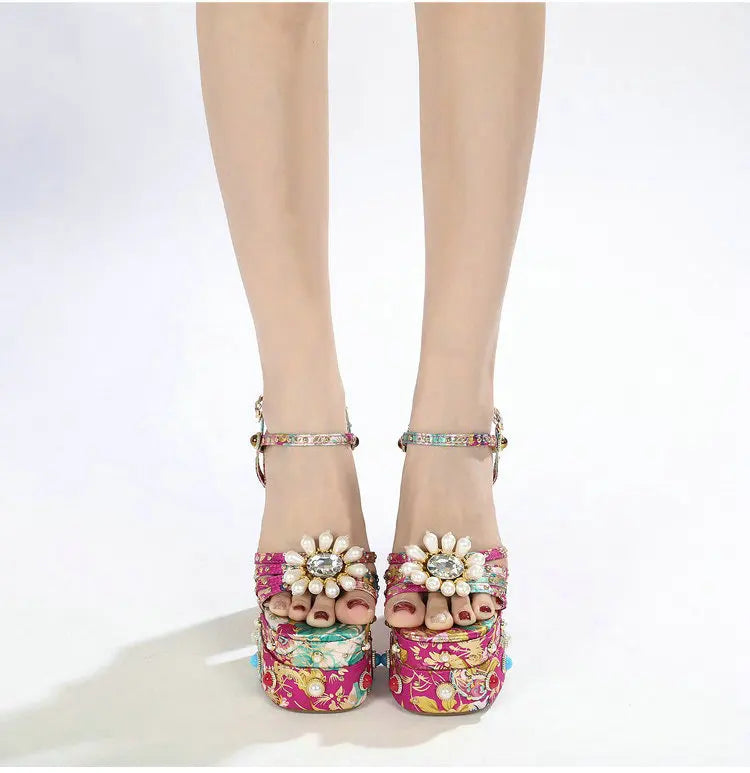Pearl Rhinestone Floral Platform Heels