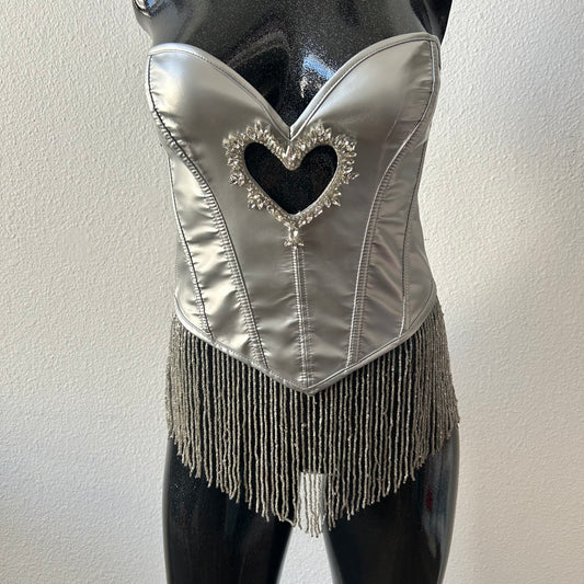 Custom Sabrina Carpenter Silver fringe corset top with heart detail