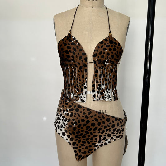 Custom Animal hair print genuine leather loincloth and fringe top set