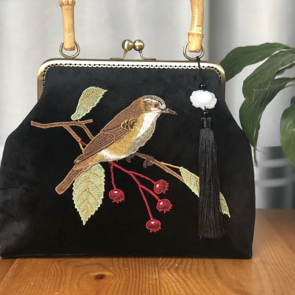 Embroidery Bird Bamboo Handbag