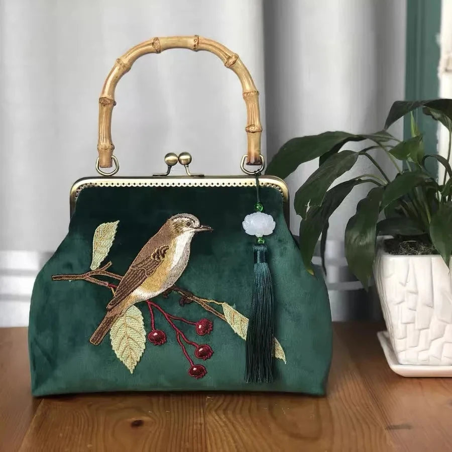 Embroidery Bird Bamboo Handbag