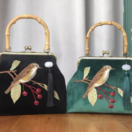 Embroidery Bird Bamboo Handbag