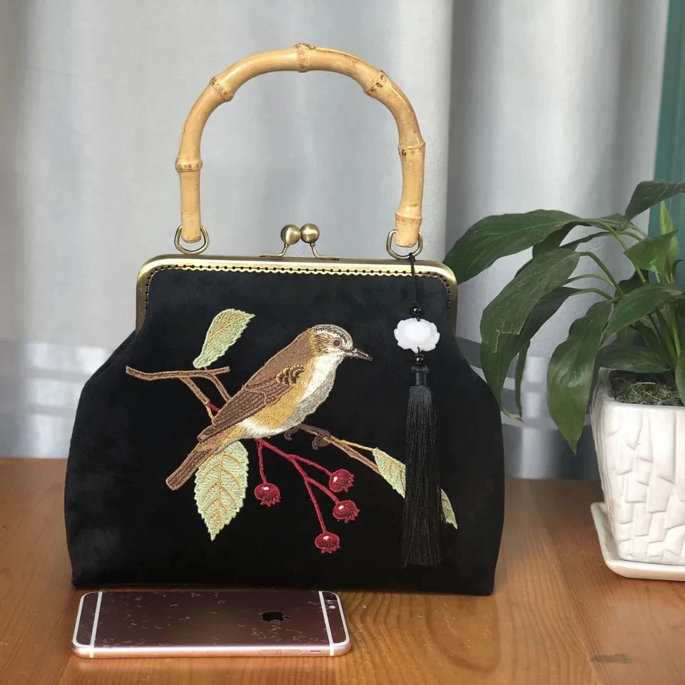 Embroidery Bird Bamboo Handbag