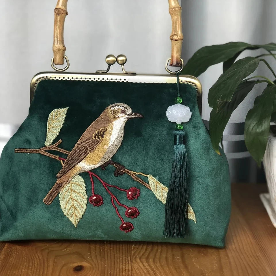 Embroidery Bird Bamboo Handbag