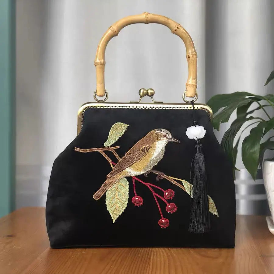 Embroidery Bird Bamboo Handbag