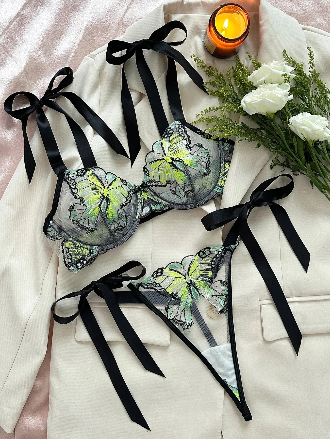 Delicate Butterfly Embroidery Lingerie Set