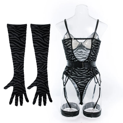 Sheer Mesh Bodysuit With Gloves  Set