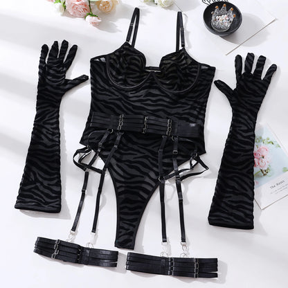 Sheer Mesh Bodysuit With Gloves  Set