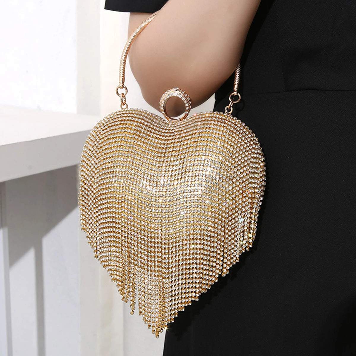 Rhinestone Fringe Heart Clutch