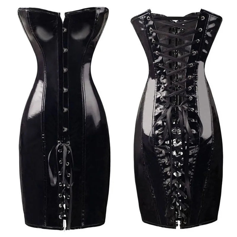 Lace Up Faux Patent Leather Corset Dress