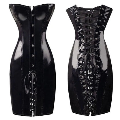 Lace Up Faux Patent Leather Corset Dress