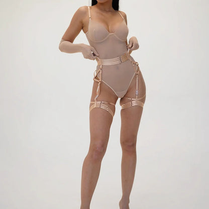 Sheer Mesh Bodysuit With Gloves  Set