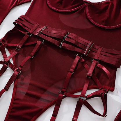 Sheer Mesh Bodysuit With Gloves  Set