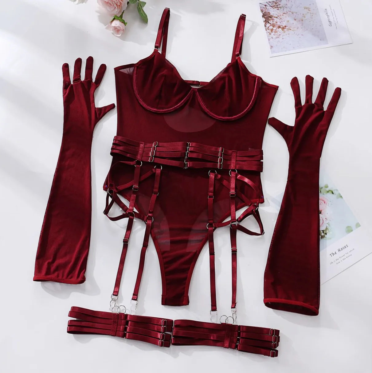 Sheer Mesh Bodysuit With Gloves  Set