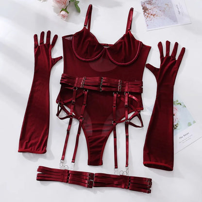 Sheer Mesh Bodysuit With Gloves  Set