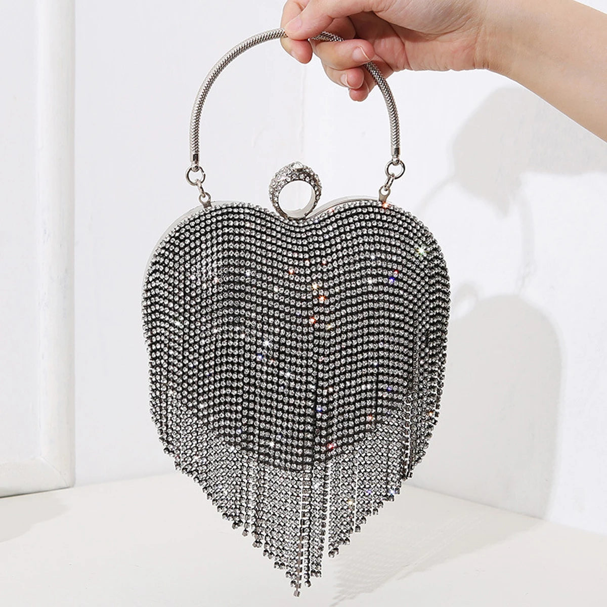 Rhinestone Fringe Heart Clutch