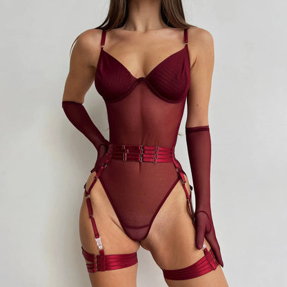 Sheer Mesh Bodysuit With Gloves  Set