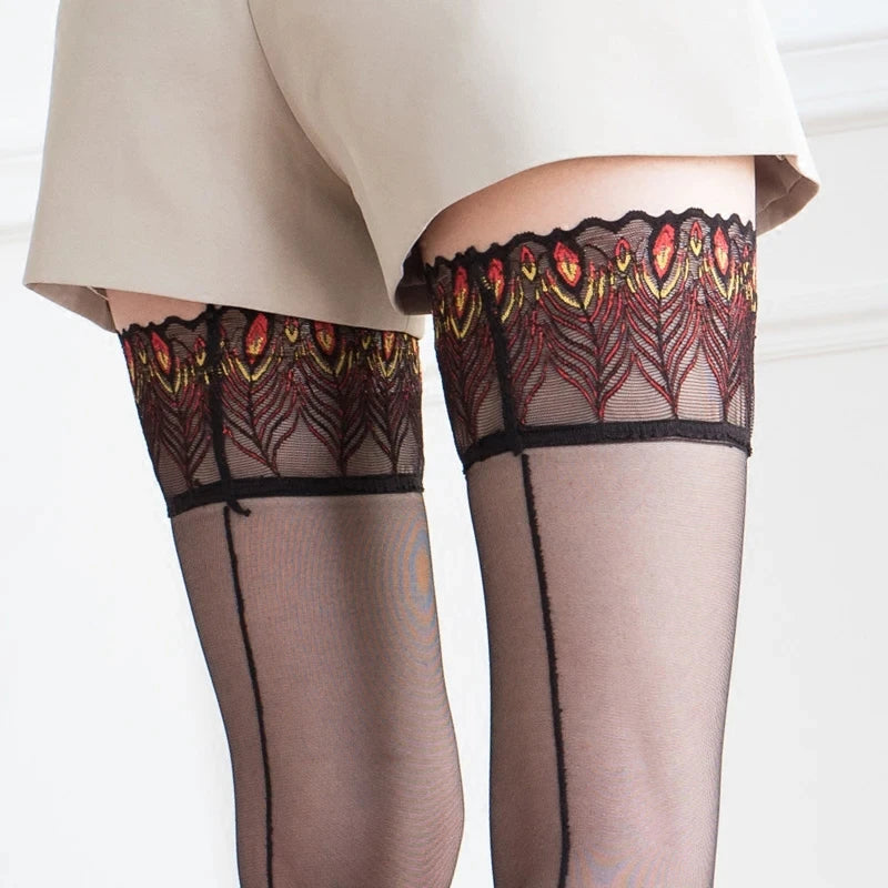Peacock Feather Lace Top Thigh High Stockings