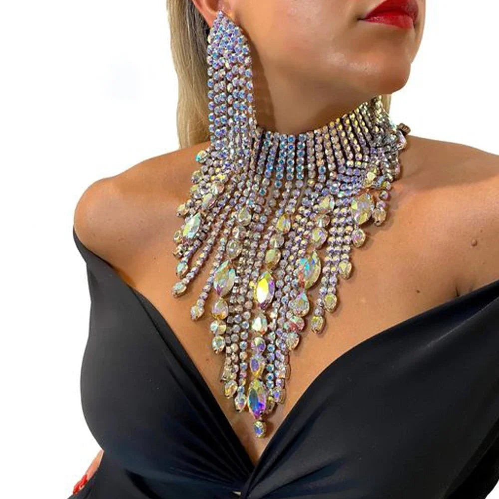 Rhinestone Fringe Earrings Choker Necklace Set