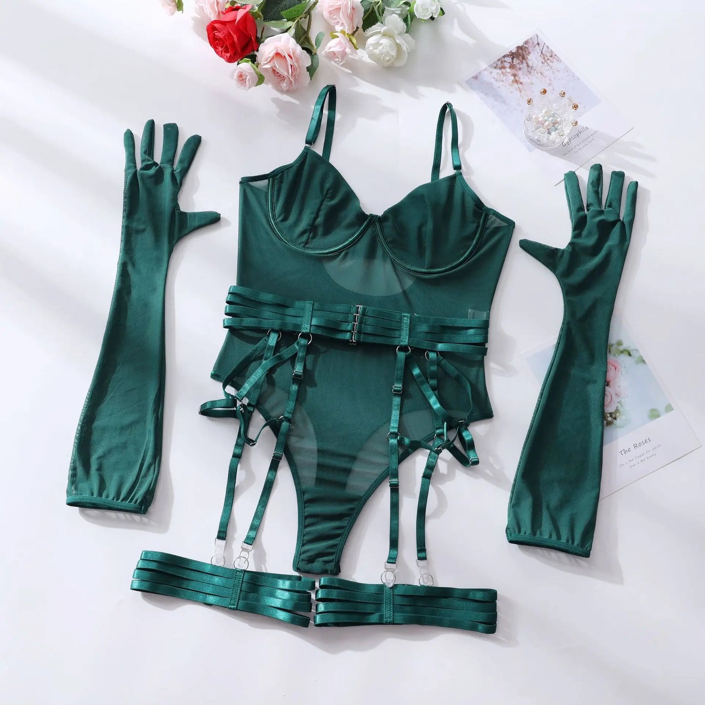 Sheer Mesh Bodysuit With Gloves  Set
