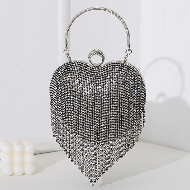 Rhinestone Fringe Heart Clutch