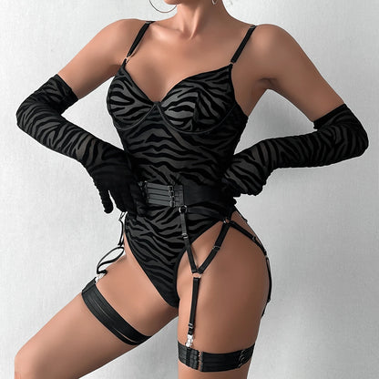 Sheer Mesh Bodysuit With Gloves  Set