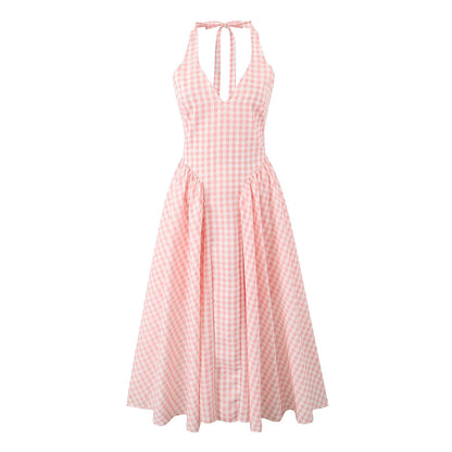 Pink Gingham Maxi Halter Dress