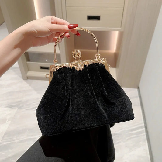 Vintage Black Velvet Metal Handle Handbag