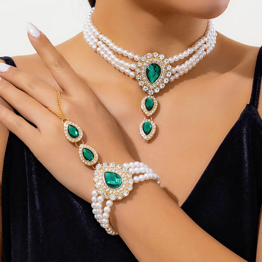 Rhinestone Pearl Necklace Bracelet Sets