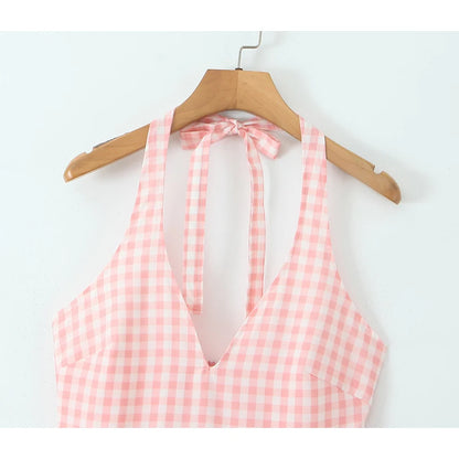 Pink Gingham Maxi Halter Dress