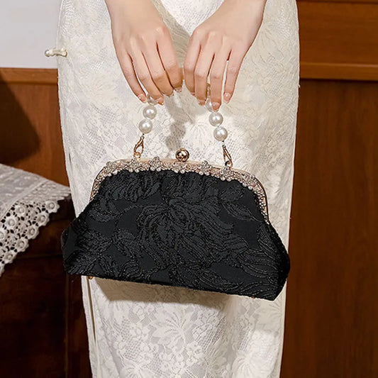 Embroidered Flower Pearl Chain Handbag