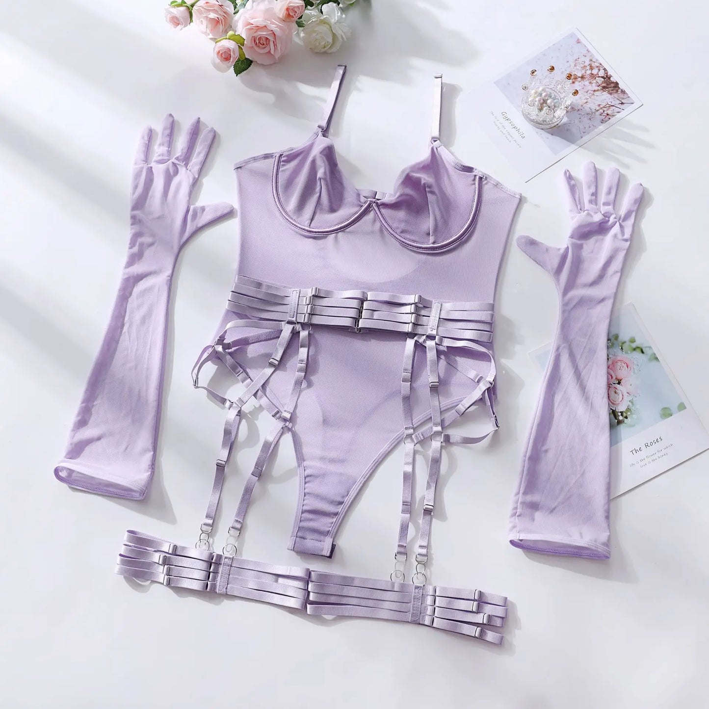 Sheer Mesh Bodysuit With Gloves  Set