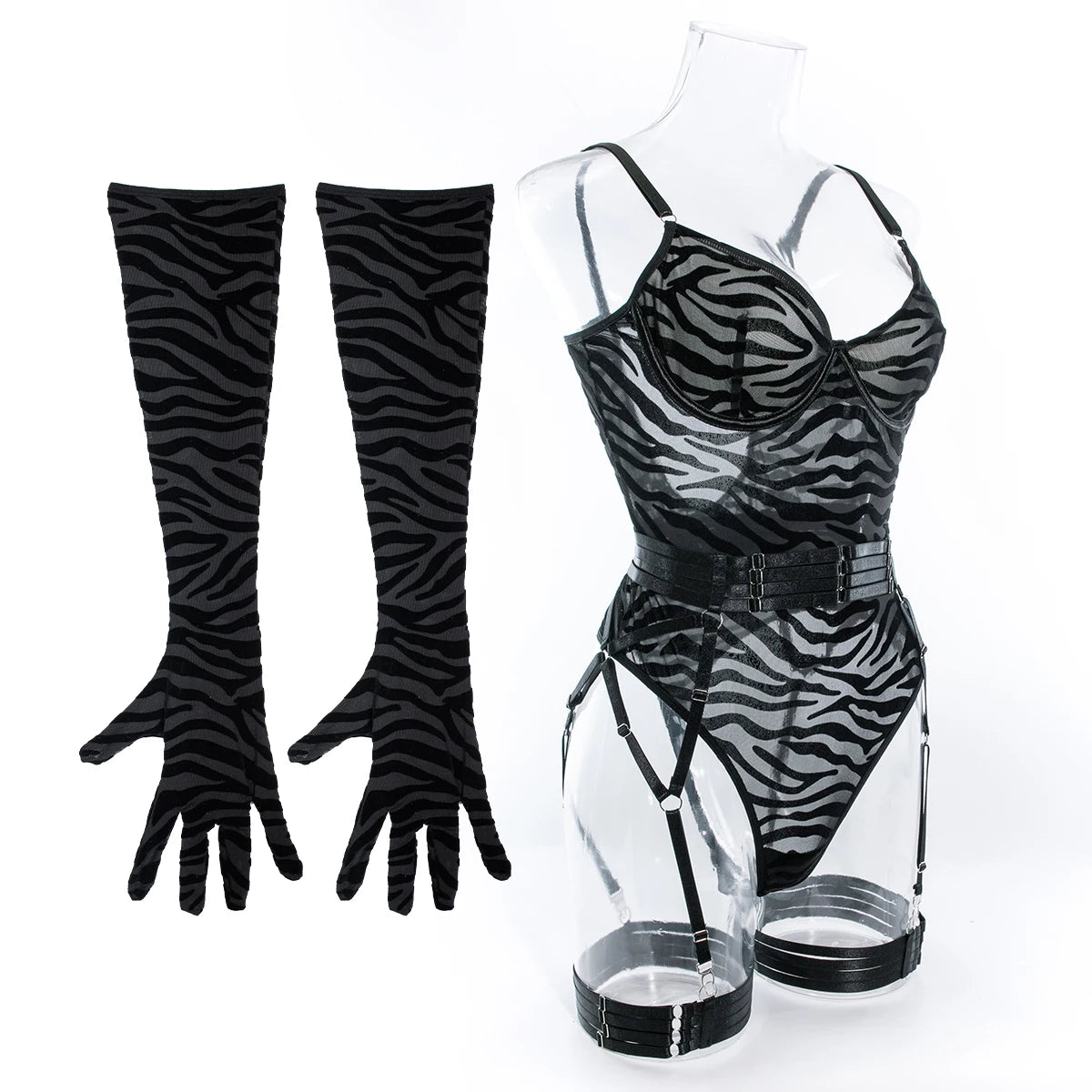Sheer Mesh Bodysuit With Gloves  Set