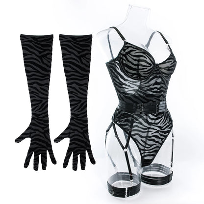 Sheer Mesh Bodysuit With Gloves  Set