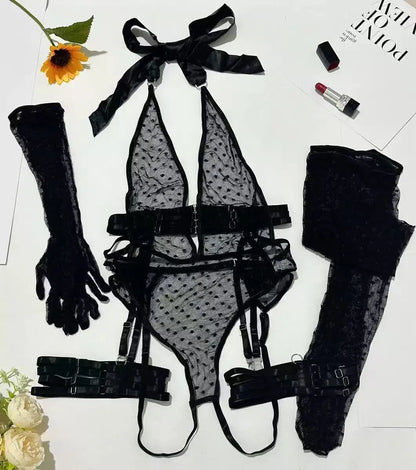 Deep V Sheer Mesh Bodysuit Set