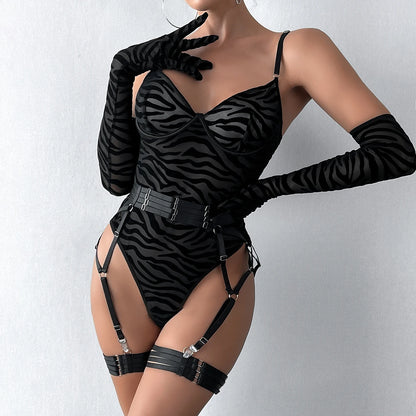 Sheer Mesh Bodysuit With Gloves  Set