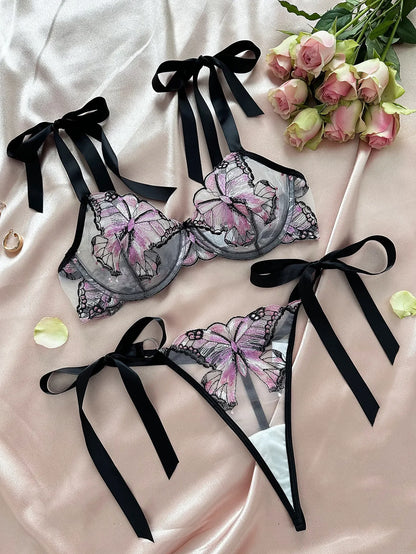 Delicate Butterfly Embroidery Lingerie Set