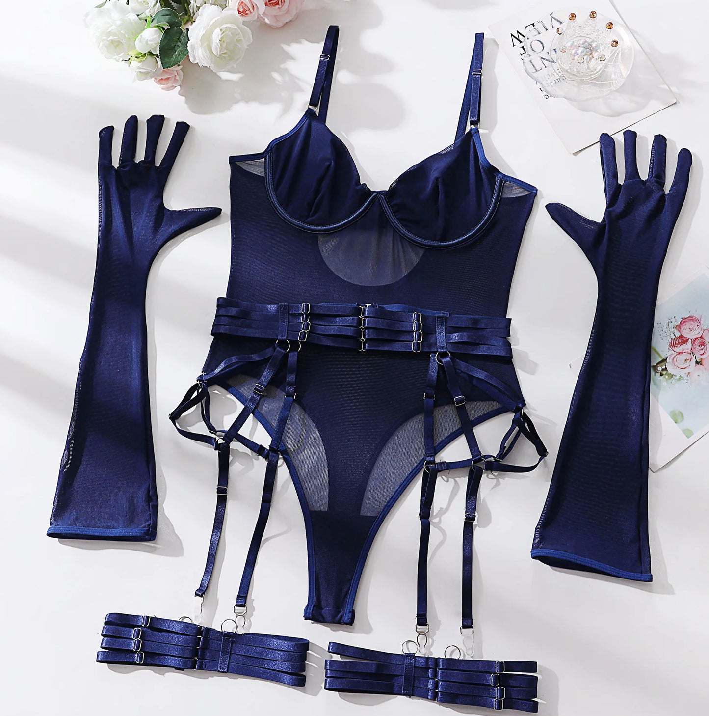 Sheer Mesh Bodysuit With Gloves  Set