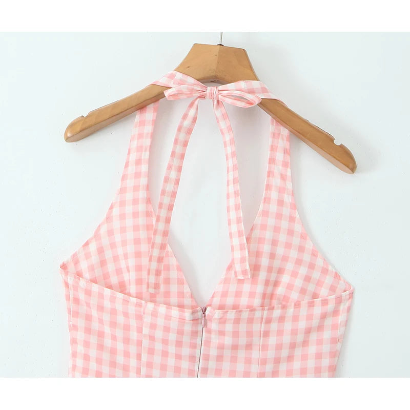 Pink Gingham Maxi Halter Dress