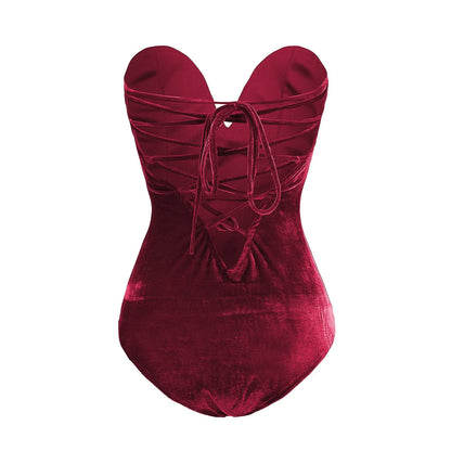 Velvet Strapless Lace Up Bodysuit