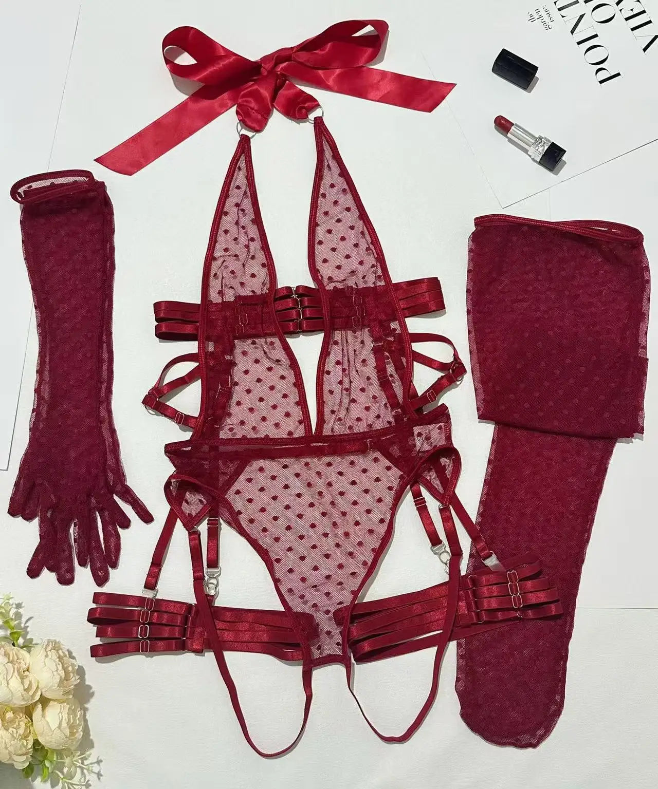 Deep V Sheer Mesh Bodysuit Set