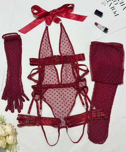 Deep V Sheer Mesh Bodysuit Set
