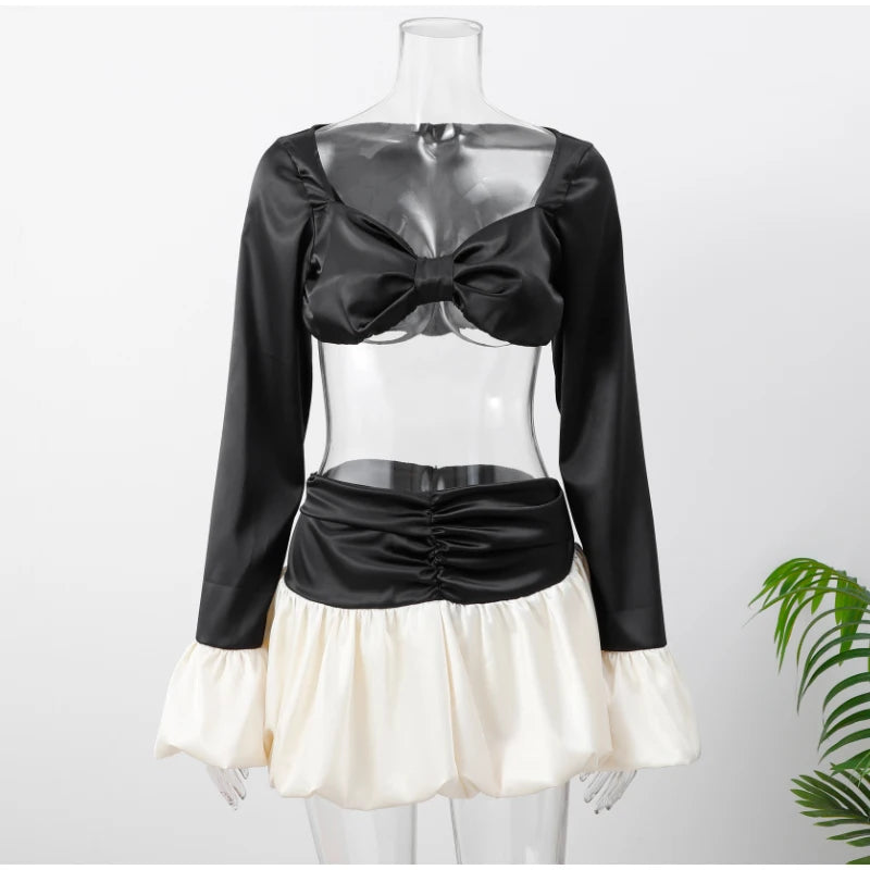 Satin Bow Crop Top & Skirt Set