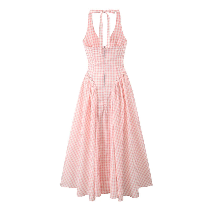 Pink Gingham Maxi Halter Dress
