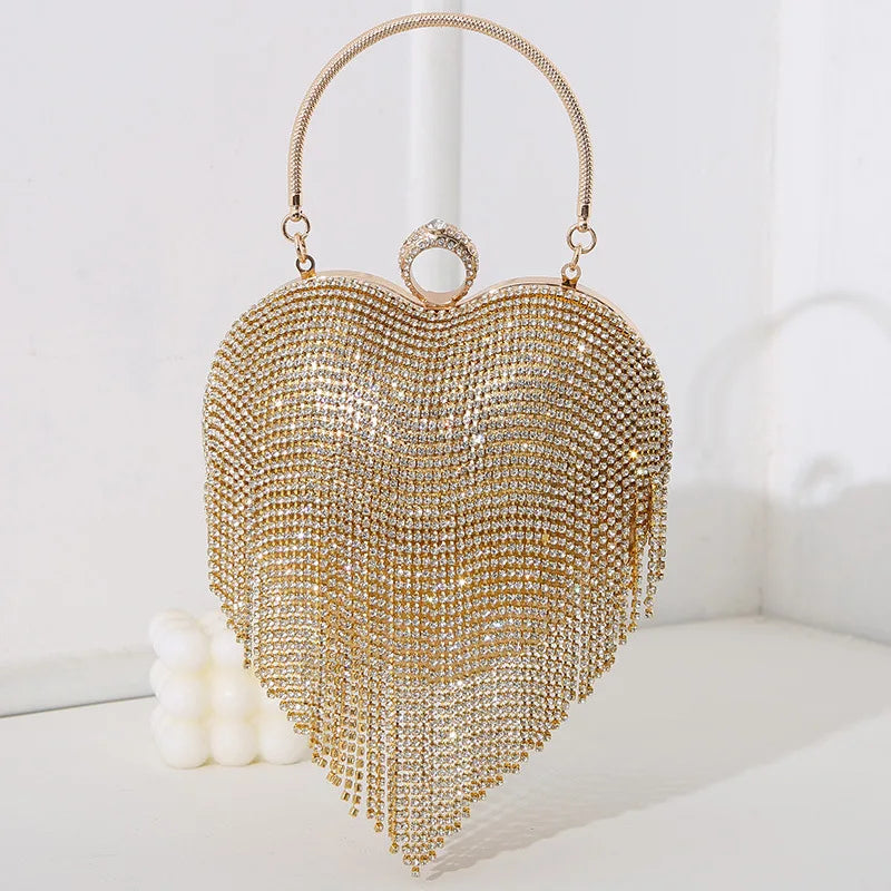 Rhinestone Fringe Heart Clutch