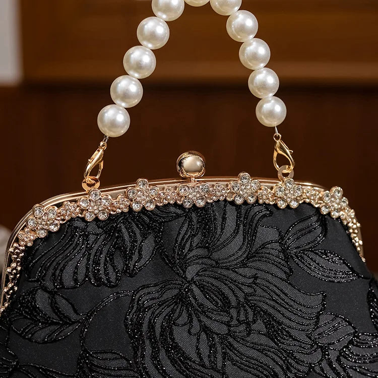 Embroidered Flower Pearl Chain Handbag